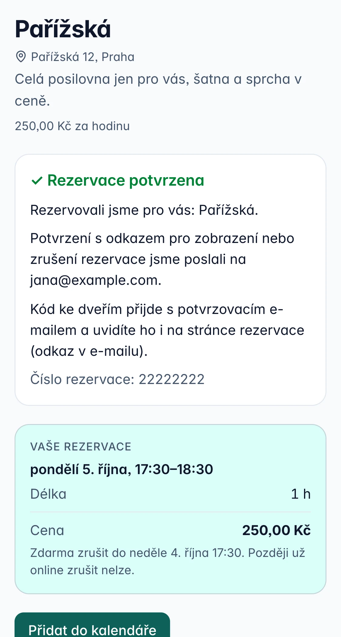 Rezervace potvrzena, přidat do kalendáře
