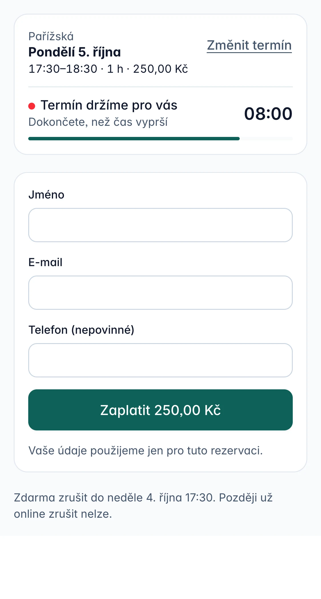 Termín je držen, zákazník vyplní jméno a e-mail